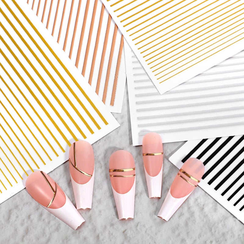 Kifmurase 15Pcs Gold Silver Lines Nail Art Stickers Decals 3D Golden French Manicure Strips Self-Adhesive Nails Art Decorations Supplies Geometric Waved Stripe Tape Manicure Sliders for Women DIY - Image 3